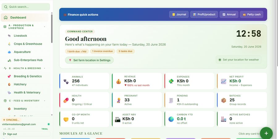 AgriPlan dashboard — Command Center with live stats