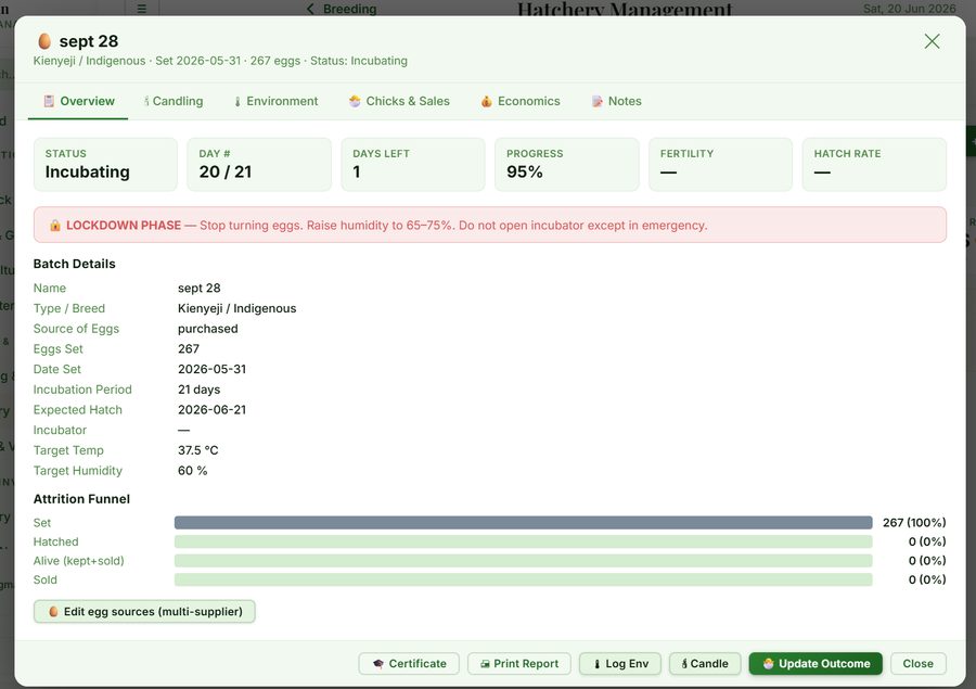 AgriPlan Hatchery batch detail — lockdown phase alert