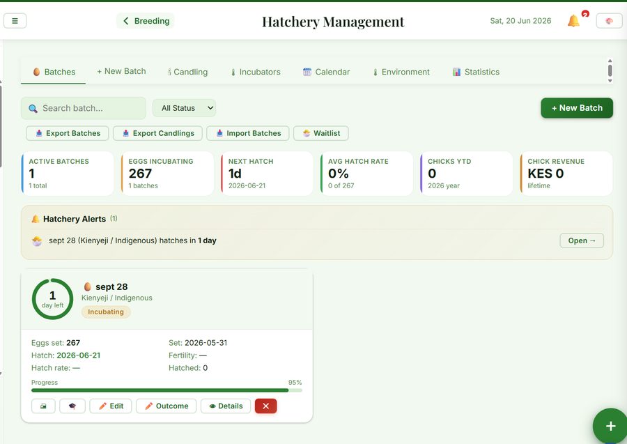 AgriPlan Hatchery — batch tracking with countdown to hatch