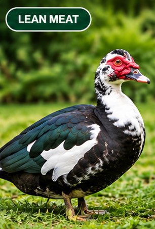 A black and white Muscovy duck with red face