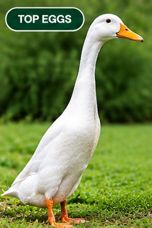 A white Indian Runner duck standing upright