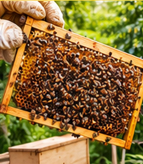 Beekeeper holding a honeycomb frame at Vinfarm