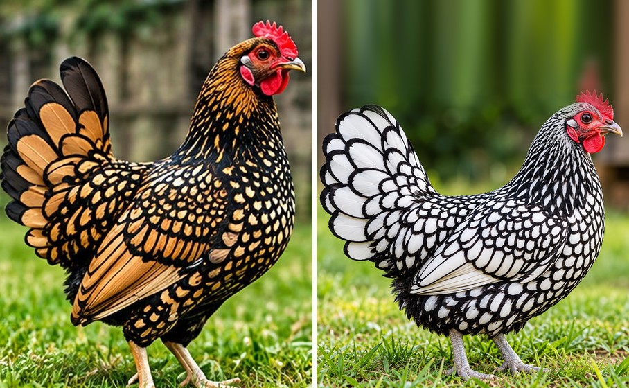 Gold Sebright (yellow and black) and Silver Sebright (black and white) bantams