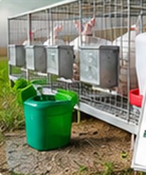 Rabbit hutches with feeders and drinkers